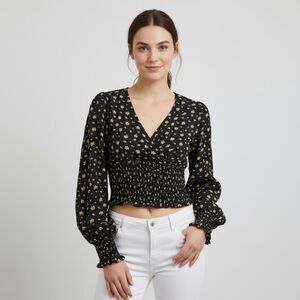 AMERICAN EAGLE Women’s Navy Blue Floral Long Sleeve Smocked Crop Top Medium